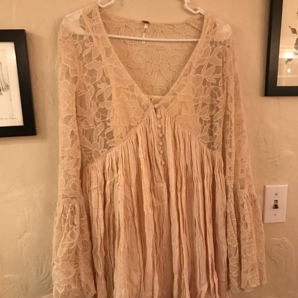 Cream free people bell sleeve lace dress